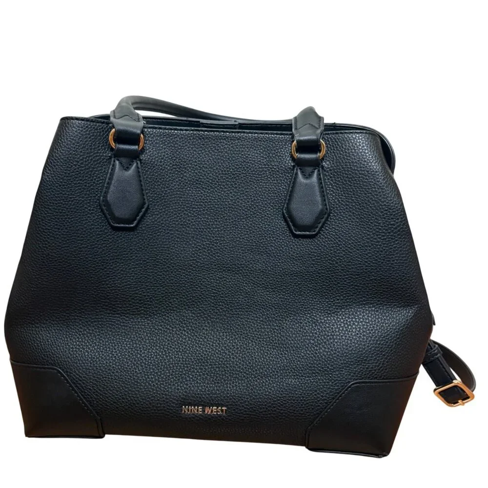 Nine West Brooklyn Jet Set Carryall Bag Black Pebbled Faux Leather Purse